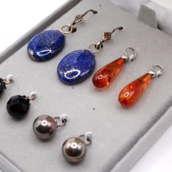 Sterling Silver Lapis Onyx Multi Stones Interchangeable NOS Dangle Drop Earrings - Picture 11 of 11
